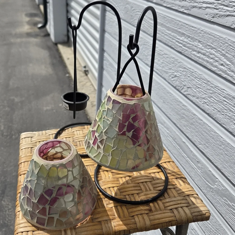 Mosaic Stained Glass Hanging Candle Holders - Multicolor - Set Of 2